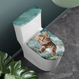 FUIALDOLG Cat Marble Toilet Lid Tank Covers Dustproof Sky Toilet Lid Cover Round Toilet Seat Cover with Elastic Bottom Universal Fit Standard Oblong Elongated Toilet