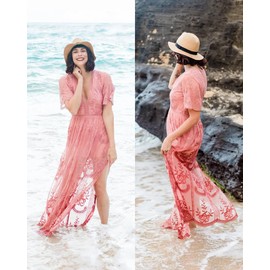 LRISES Womens V Neck Floral Embroidered Lace Wedding Maxi Dress Boho Bridesmaid Evening Party Bridal Shower Dresses Pink