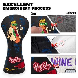 BAIRBRE Golf Club Covers,Black Hot Dog Driver Cover Fariway Wood Headcovers Hybrid Head Covers 3 Wood Headcover Leather Golf Headcover with Number Tag for All Brand