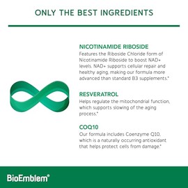 BioEmblem Suplemento NAD+ | 300 mg de ribósido de nicotinamida con CoQ10 y resveratrol | Apoya el envejecimiento saludable, la energía celular y la fu