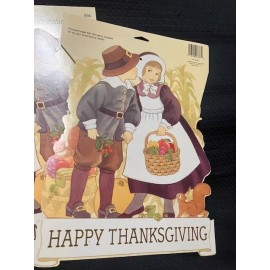 American Greetings Vtg American Greetings Thanksgiving Pilgrim Boy & Girl Die Cut Decoration 12”