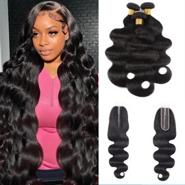 Body Wave Bundles Human Hair with Closure (16 18 20+14)2x6 HD Lace Closure 100% 12A Brazilian Bundles Human Hair 3 Bundles with Closure Human Hair Natural Black Weave Bundles Human Hair for Women