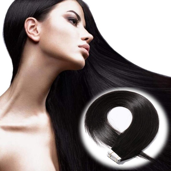 Elailite Tape-In Extensions, Real Hair Extensions, Tape-In Hairpieces, 20 Pieces, 55 cm, 50 g, #1B Natural Black
