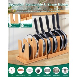 Retractable Wood Pot Rack - Expandable Pan Pots and Pans Organizer for Under Cabinet, Lid Holder with 10 Adjustable Compartment for Kitchen Cutting Board Cookware Baking Frying Rack