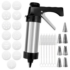 Cookie Press, Cookie Press Gun for Baking, Spritz Cookie Press, Stainless Steel Churros Maker Machine Kit, with 6 Brushes, 13 Cookie Discs, 8 Icing Nozzles, for Cookie Decorating