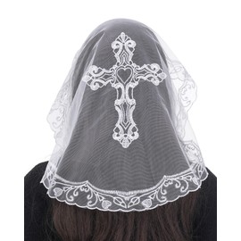 Bozidol Small Catholic Veils for Church, Round White Cross Embroidered Lace Mantilla Chapel Veil, First Communion Mass Head Coverings for Women Girls