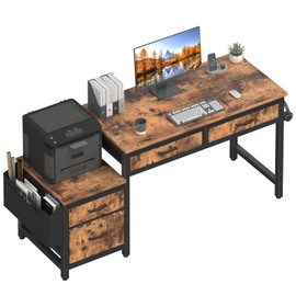 Lufeiya Computer Desk with Fabric File Drawers Cabinet, 57 Inch Home Office Desks with Filing Cabinet Printer Stand for Small Space, Study Writing Table PC Desks for Bedroom, Brown