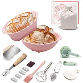 Coldairsoap 32p Silicone Banneton Bread Proofing Baskets, 9 In Round & 10 In Oval Foldable Sourdough Baking Basket, Complete Sourdough Starter Kit for Bread Making with Silicone Baking Mat & Sling