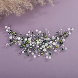 Teyglen Green Crystal Pearl Wedding Headband Handmade Gold Silver Rhinestone Hair Piece Bridal Hair Accessory for Women Wedding Hair Vine Headpiece (Silver, Free size)