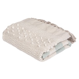 SAFAVIEH Home Billi Whimsy Beige and Teal Fringe Throw Blanket, Beige/Teal, 50" x 60"