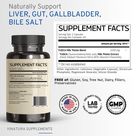 VINATURA TUDCA Milk Thistle 1250mg - Tudca 1000mg, Tudca Bile Salts, Liver Support, Gallbladder Supplements *USA Made and Tested*, Tudca Supplement, Bile Salts Supplement - 90 Capsules 45 Servings