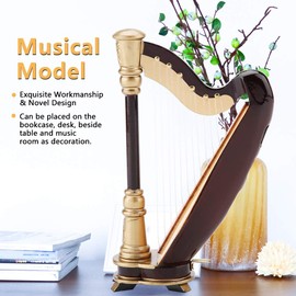 Joyzan Miniature Harp Model, Wooden Musical Instrument Figurine Mini Retro Dollhouse Harp Antique Replica Statue Table Ornament Party Decoration with Storage Box for Home Office Decor