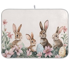Happy Easter Day Pink Dish Drying Mat Quick Absorbent 16x18 Easter Bunny Rabbit Eggs Butterfly Lily Flowers Kitchen Drying Mat for Countertop Sink Reusable Dishes Mats Kitchen Essentials