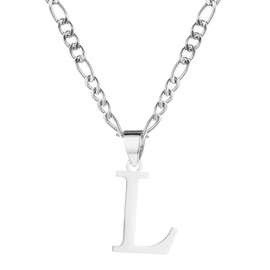 kelistom Gold Initial Necklace for Women Men 14K Gold Silver Tone Stainless Steel Letters Figaro Chain Necklace, Capital Monogram Necklace Alphabets from A-Z (L, White, chain length:18")