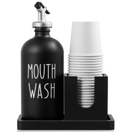 Glass Mouthwash Dispenser for Bathroom, 16 OZ Mouthwash Dispenser with Pour Spout and Wood Cup Holder and Tray, Mouth Wash Bottle Container, Black Kitchen Bathroom Decor and Accessories