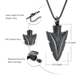 Stainless Steel Urn Necklace for Men - Arrowhead Memorial Pendant Cremation Ash Jewelry Bereavement Keepsakes Gift for Loss of a Loved One (Gun Color)