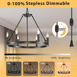 HOXIYA DIMMABLE 6 Lights Plug in Wagon Wheel Chandelier, 20.5" Black Round Pendant Light with Long Cord, Farmhouse Rustic, Height Adjustable Hanging Lights Fixture Outdoor Ceiling Lights for Entryway