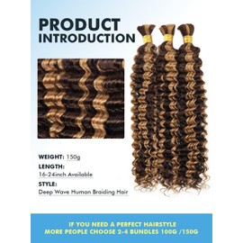 Human Braiding Hair for Boho Braids 150g 24 Inch Ombre Highlight Curly Boho Hair for Braiding Knotless 12A Deep Wave Bulk Bohemian 3 Bundles/Pack Color P4/27