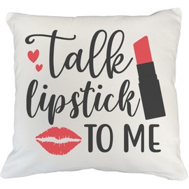 Talk Lipstick to Me w/Red Lips & Hearts Design - Beauty Themed Merch for Makeup Artist or Cosmetologist, Gift for Makeup Lovers, Pillow Cover, White 18X18 in