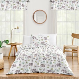 Sweet Jojo Designs Watercolor Elephants Boy Girl Gender Neutral Twin Comforter Set Single Size Bedding Kids Teen College Dorm Bed Room 4p Green Grey Jungle Safari Elephant Palm Trees Tropical Nature