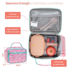 BrainyBees Lunch Bag for Girls - Insulated Kids Lunch Box Reusable Girls Lunchbox with Water Bottle Holder Toddler Lunch Tote Bag for School Daycare, Pink Unicorn