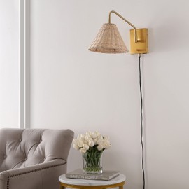 SAFAVIEH Lighting Collection Tressa Boho Coastal Natural Rattan/Brass USB Port Wall Sconce Set of 2