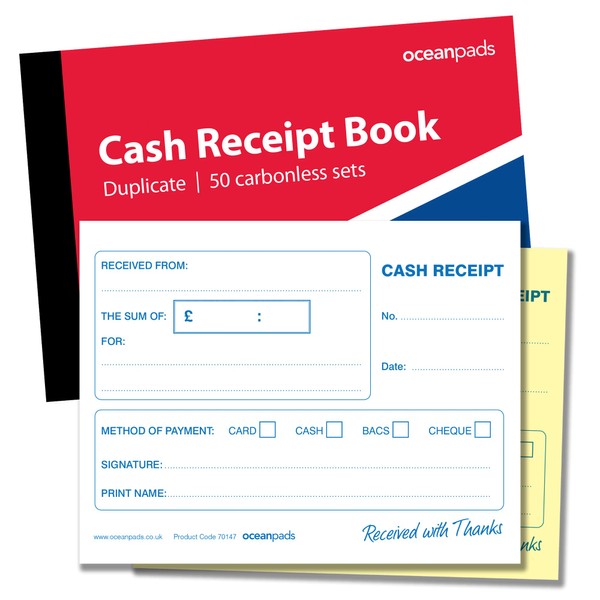 Ocean Pads Cash Receipt Book for Small Business, School, Charity,