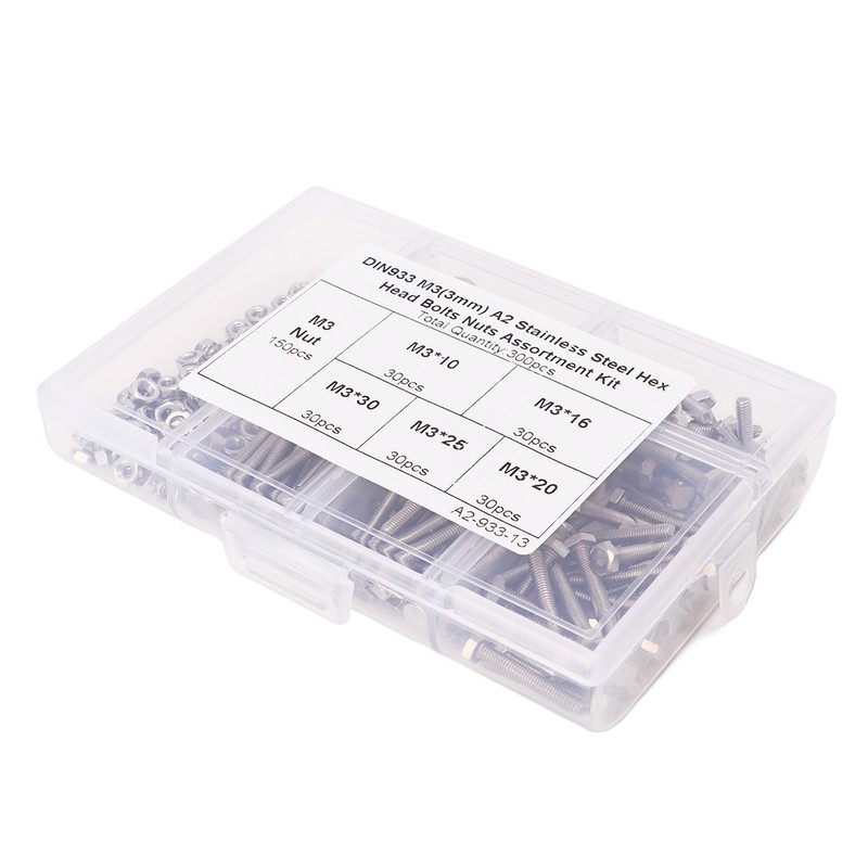 300Pcs M3 Hex Screws Nuts Set with Storage Box Uniform