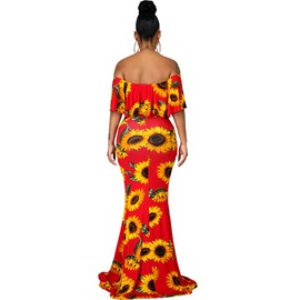 HugeNice Women's Off Shoulder Maxi Dress Summer Sunflower Bodycon Long Ruffle Beach Party Beach Sundress