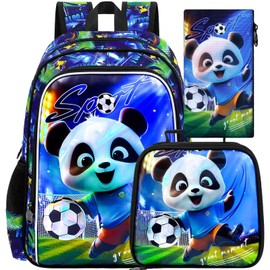 HPJGD 3PCS Boys Panda Bookbag, Water Resistant Kids Soccer Backpack Set with Lunch Box，Cute School Bag for Preschool Toddler