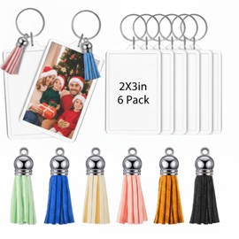 Henoyso 6 Sets Christmas Clear Acrylic Photo Frame Keychain with Tassels, Insert Ornament Mini Picture Keychain Xmas Stocking Gifts (2.2x1.6 Inch)