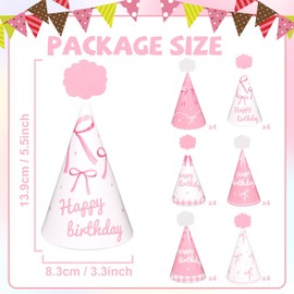 Yiaoyinnz 24pcs Pink Bow Party Hats Pink Bow Birthday Party Supplies Coquette Bow Cone Hats Pink White Happy Birthday Paper Hats with Elastic String for Kids Girls Adults Birthday Decorations Favors