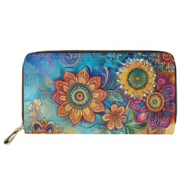 FOR U DESIGNS Women Zip Around Long Wallet PU Phone Clutch Travel Card Holder Purse, vintage boho flower, Large, Bohemian