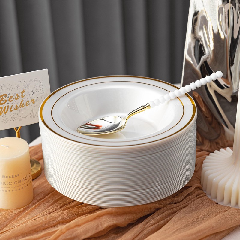 50 Pack 12oz Peal White Plastic Bowls with Gold Rim