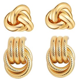 Gold Earrings, 2 Pairs Gold Earrings Set, Women's Knot Golden Earring, Vintage Statement Earring, Knot Drop, Jewellery for Women and Girls, Stainless Steel, No Gemstone