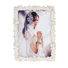 5x7 Picture Frame with Pearl for Wedding, Silver Plated Photo Frames with High Definition Real Glass Frames with Rhinestones, 5x7 Frame for Wedding Gift, Tabletop or Wall Mounting Display for Bedroom