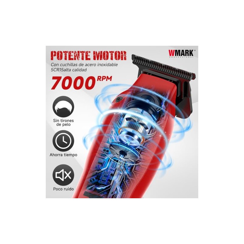 WMARK1205 Maquina Para Cortar Cabello,Profesional,Inalámbrica,7000 RPM Rojo