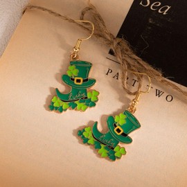 St. Patrick's Day Earrings, Lucky Leprechaun Hat with Shamrock Clover Design, Green and Gold Drop Dangle Jewelry for Women Festival Charm (Green)