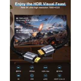 Anhuicco HDMI 2.1 Cable 4K 8K HDR Certified 4 Metres 48Gbps 8K 10K 60Hz 4K 144Hz 2K 240Hz ALLM VRR FreeSync Dolby ARC eARC HDR10+ HDCP 2.3 Supports PS 5 Soundbar Real 8K TV