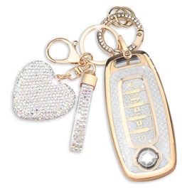 QBUC Key Fob Cover for Nissan with Heart Keychain, Car Key Fob Protector for Women, 5 Buttons Key Case Compatible with 2023 2024 2025 Pathfinder Rogue, Sentra 2024-2025 Accessories (Gold-White)