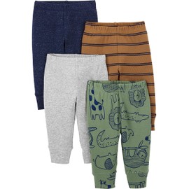 Simple Joys by Carter's Baby Cotton Pants, Pack of 4, Blue Heather/Brown Stripe/Grey Heather/Olive Animal, 24 Months