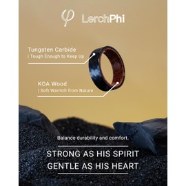 LerchPhi Hammered Black Tungsten Ring with KOA Wood Inlay, Men's Wedding Band in Walnut Gift Box, Perfect for Husband from Wife Size 9.5