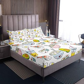 Feelyou Sushi Pattern Bedding Set Japanese Style Bed Sheet Set for Kids Boys Girls Cute Cartoon Sushi Bed Sheets Japanese Cuisine Decor Fitted Sheet Bedroom Collection 2Pcs Twin Size