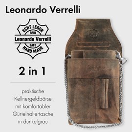 LEONARDO VERRELLI Waiter Wallet Leather Waiter's Wallet, Taxi, Gastro, Wallet, Women's Men's Wallet with or without Holster, Pocket with Chain and Large Coin Compartment, brown, Classic