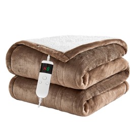 Electric Blanket Heated Throw, Soft Flannel Heating Blanket with 8 Hours Auto Off 10 Fast Heating Levels Machine Washable Sherpa Heated Blanket with Overheating Protection