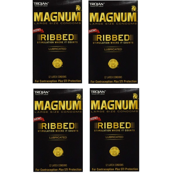 Magnum Ribbed Lubricated Condoms, Large, 4 Boxes (12 Condoms)