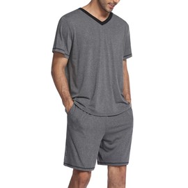 Ekouaer Mens Pajama Set Short Sleeve V Neck 2 Piece Nightwear Shorts With Pockets Summer Sleepwear PJS for Men Gray XXL
