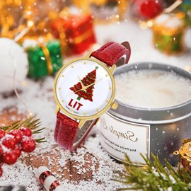 MASTOP Christmas Tree Watches for Women Santa Claus Snowflake Design 32mm Dial PU Leather Women Watch Men Christmas Gift Gold Green Silver Waistwatch Analog, Unique Fun Novelty (Red)