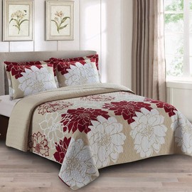 Royal Tradition 7PC Bedspread Set -Queen Size- Helena Burgundy Printed Quilted Wrinkle-Free Microfiber Includes: 3PC Coverlet Set and 4PC Sheets Set