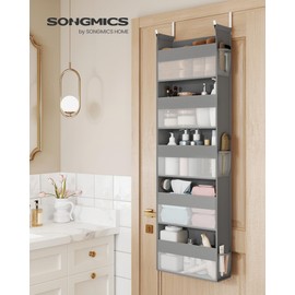 SONGMICS Over The Door Organizer, Hanging Door Organizer with 5 Large Pockets, 5-Tier Fabric Storage, Transparent Nylon Mesh, Foldable, Metal Hooks, with Side Pouches, Dove Gray URDH007G01